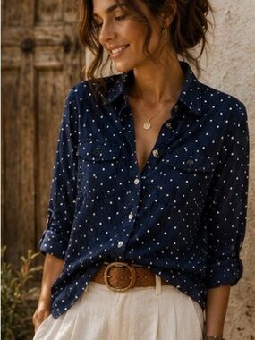 Tommy Hilfiger 100% Cotton Navy Polka Dot Button-Up Shirt Size M Casual Chic